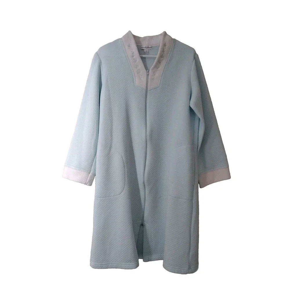 Miss Elaine Vintage Nightgown Sz M | Blue Zip Robe Housecoat | Pocket Retro Cozy